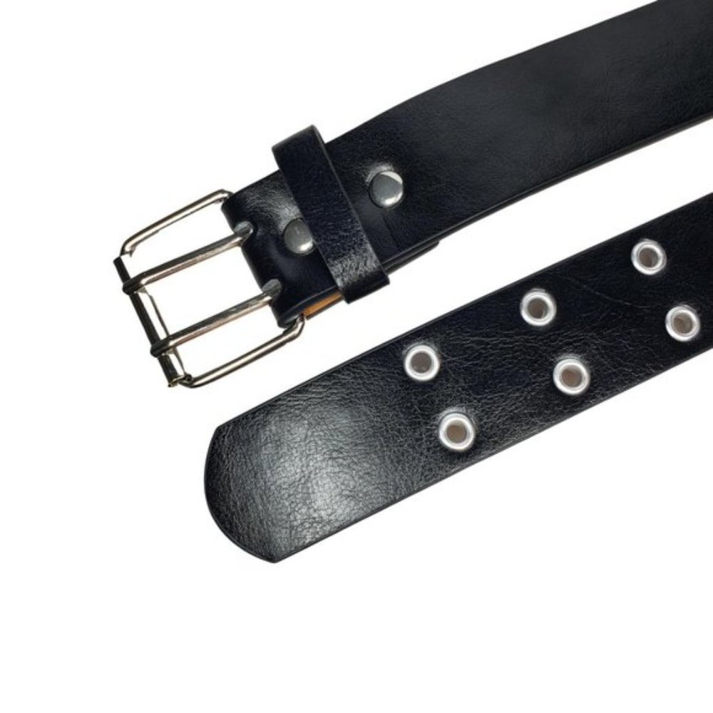 Men's Black Two hole Metal Grommet Genuine Leather Casual Belts LARGE 2 BELTS - Picture 3 of 4